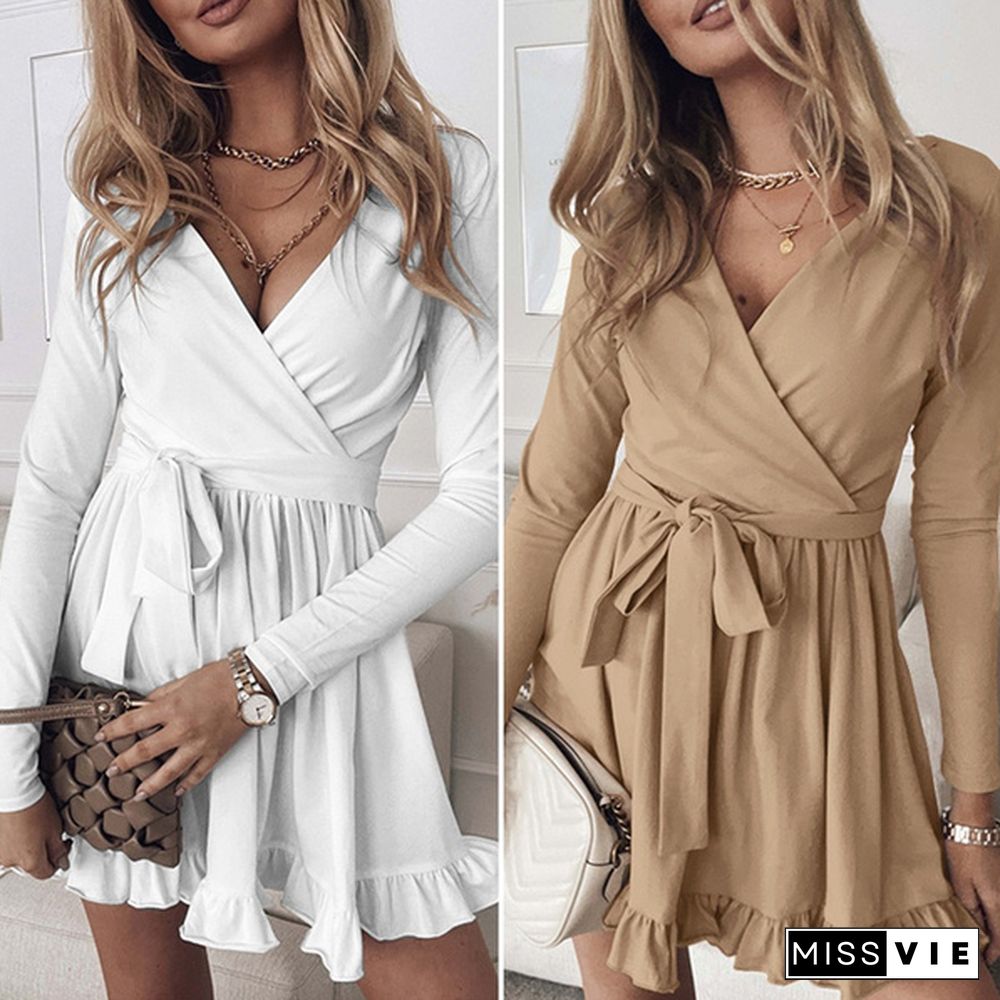 ZANZEA Women Long Sleeved Slim Plain Belt Sexy V Neck Retro Party A-Line Mini Shirt Dress