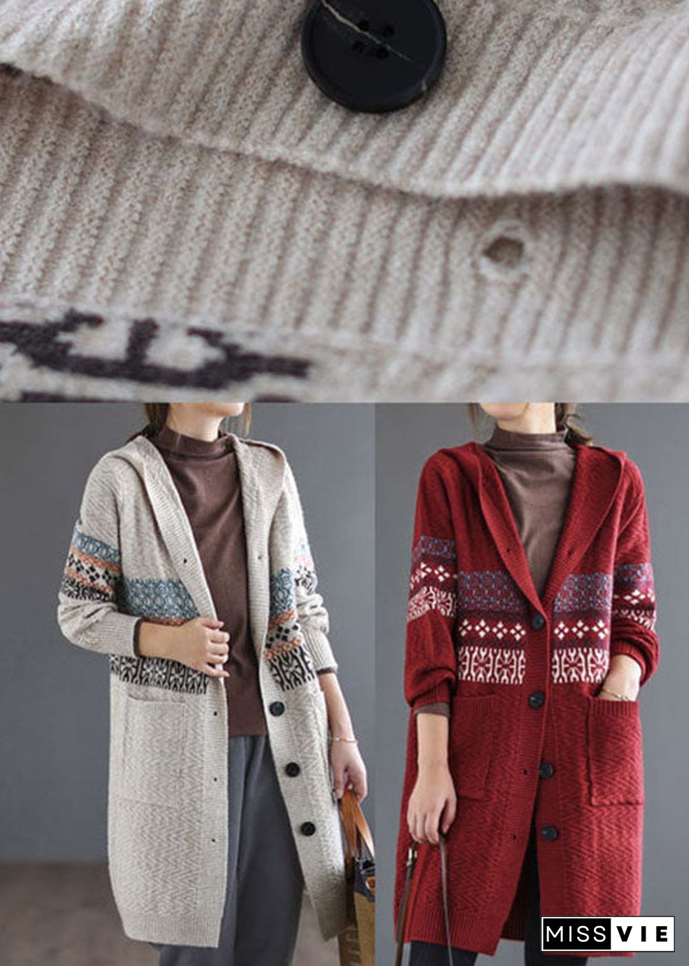 Red Pocket Print Knitted Coats Cardigans Hooded Long sleeve