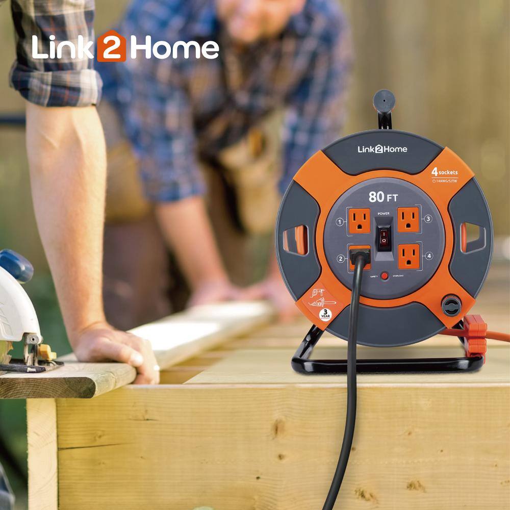 Link2Home 80 ft. 143 Extension Cord Storage Reel with 4 Grounded Outlets and Overload Protection EM-EL-800E