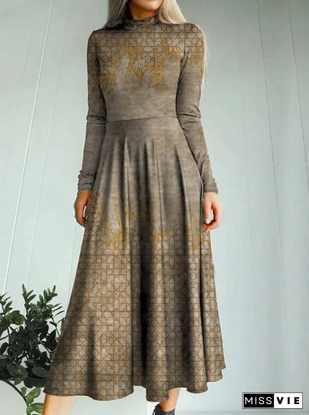 Fashion Check And Art Print Turtleneck Maxi Dress Women