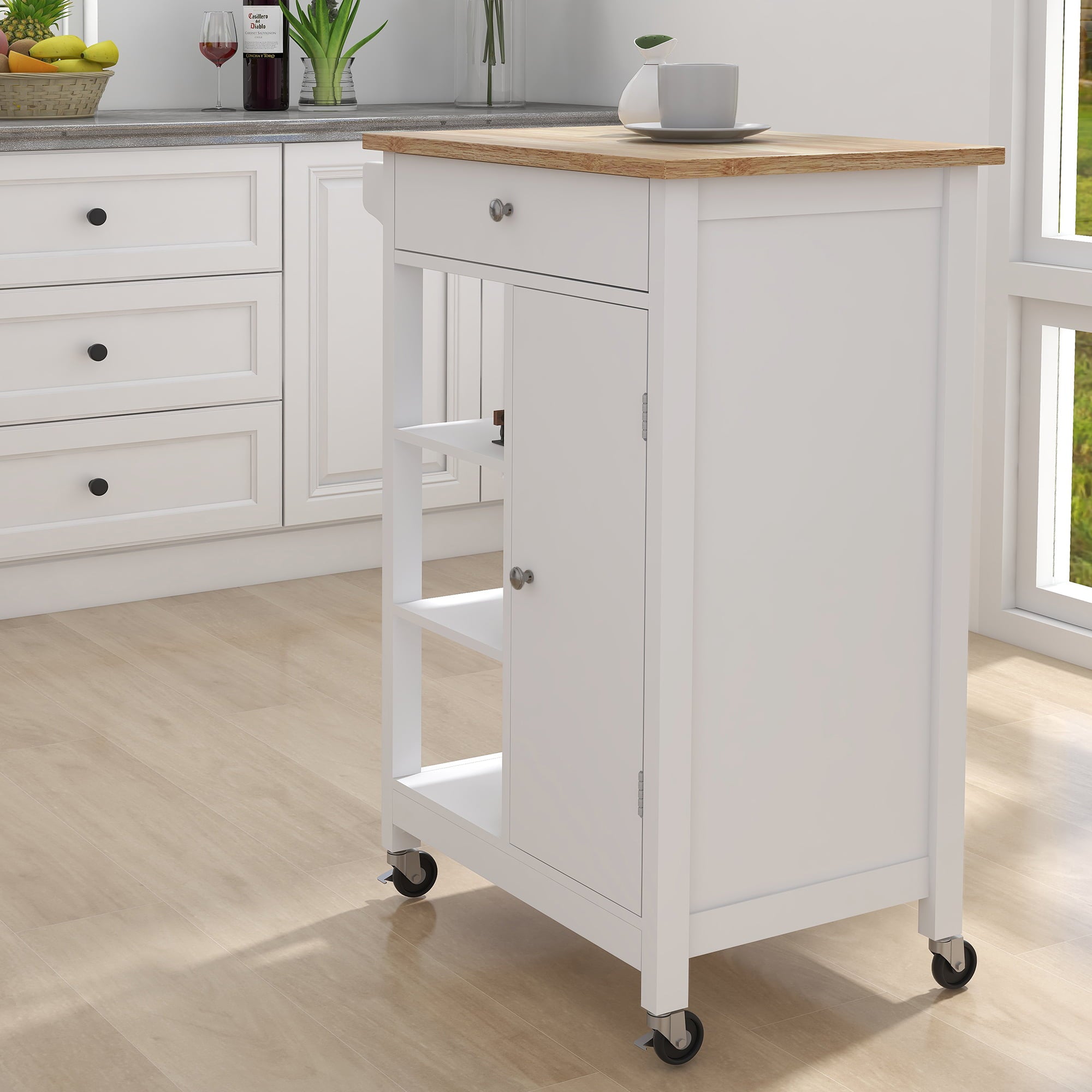 Kitchen Island Rolling Trolley Cart， Wood Kitchen Cart， Small， White