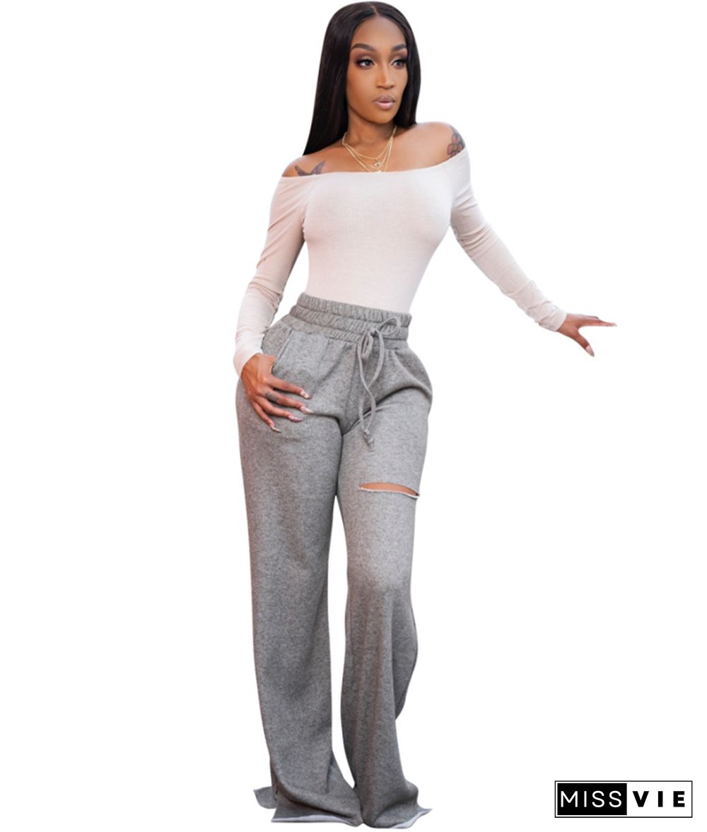 High Waist Casual Joggers Hole Wide Leg Pants