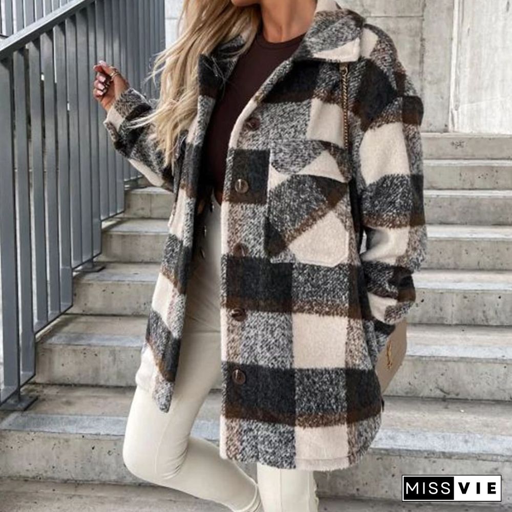 Women Elegant Plaid Print Fleece Straight Jackets Fashion Lapel Collar Button Loose Coats Casual Long Sleeve Straight Outerwear