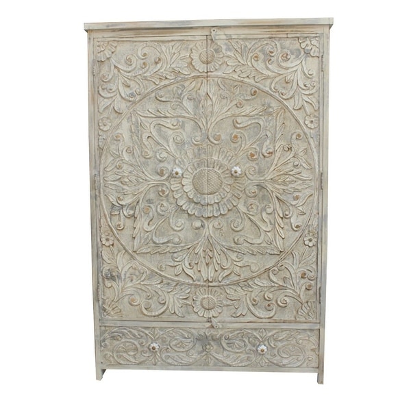 Indian Hand Carved Floral Design Solid Wooden Wardrobe/ Armoire - - 35095308