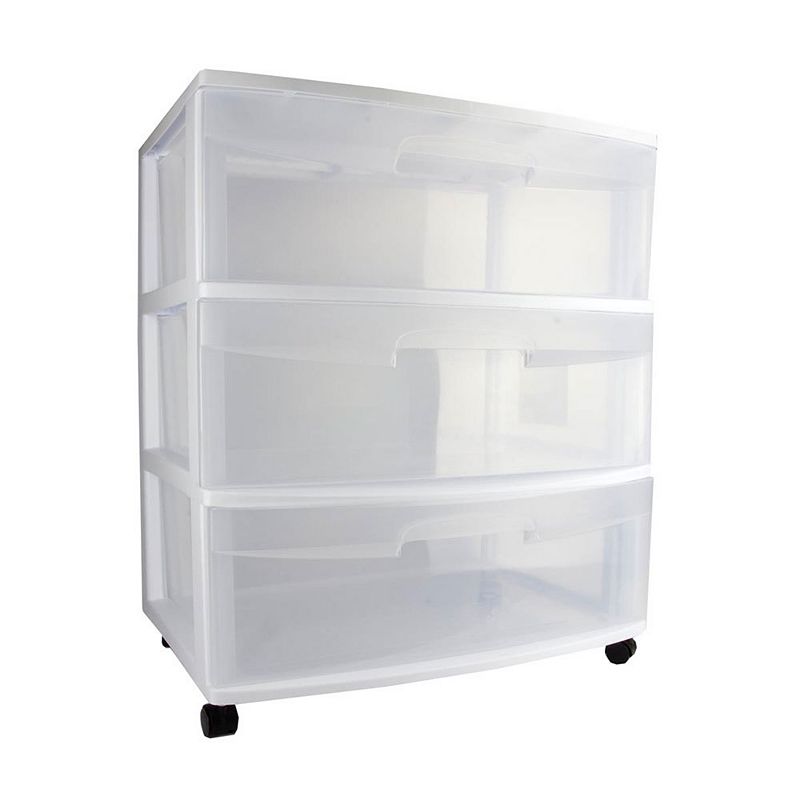 Sterilite Wide 3 Drawer Rolling Storage Cart Container， Clear with White Frame