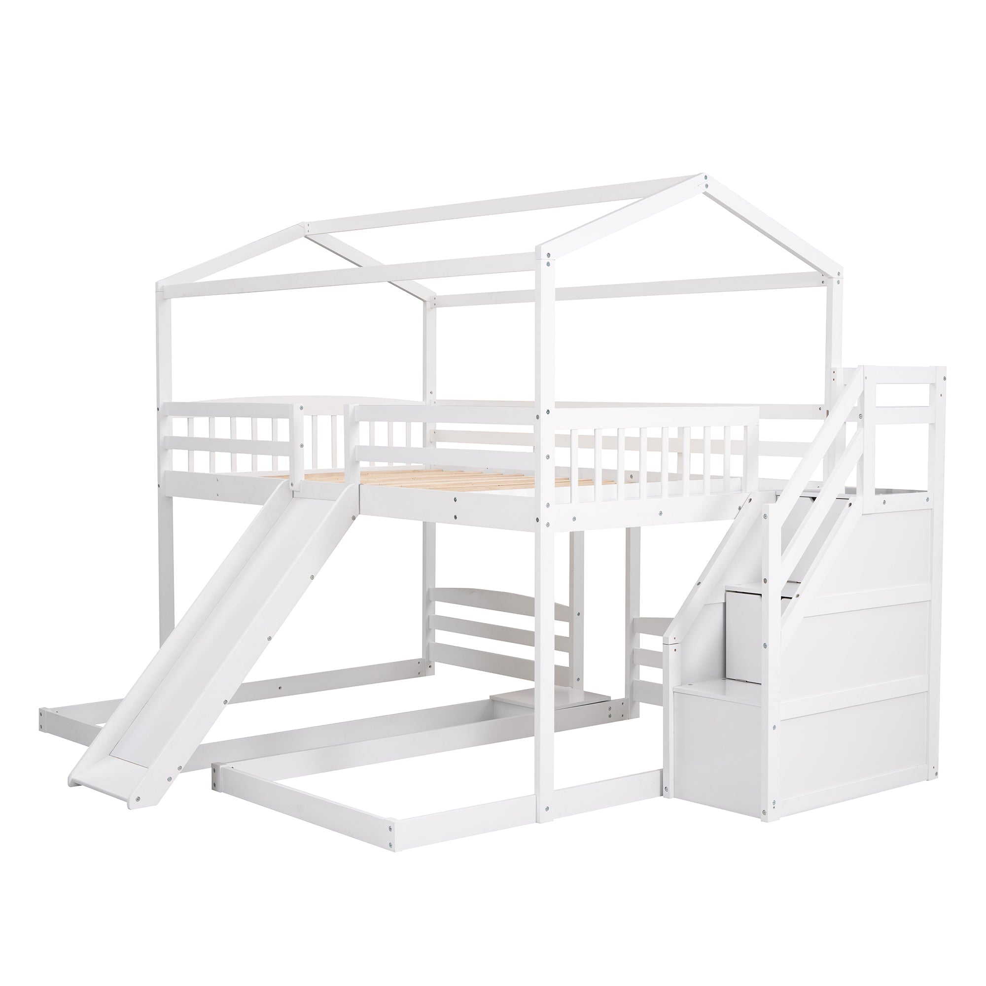 EUROCO Full over Twin & Twin Bunk Bed with Slide and Shelf for Kids, White