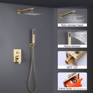 IHOMEadore 1-Spray Square Wall Bar Shower Kit with Hand Shower in Brushed Gold MD-RCS85018BG