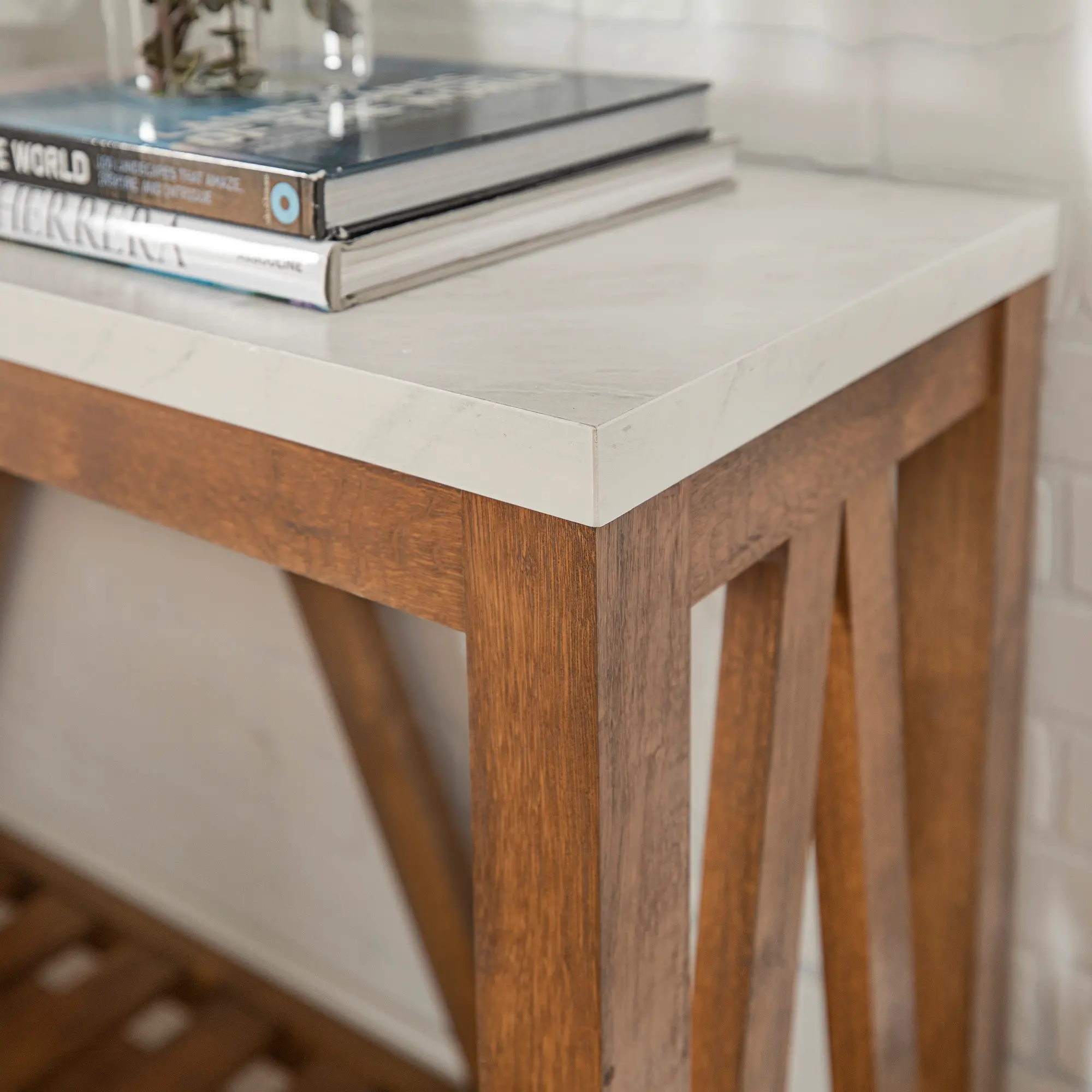 Rustic White Faux-Marble Sofa Table with Walnut Base - Walker Edison