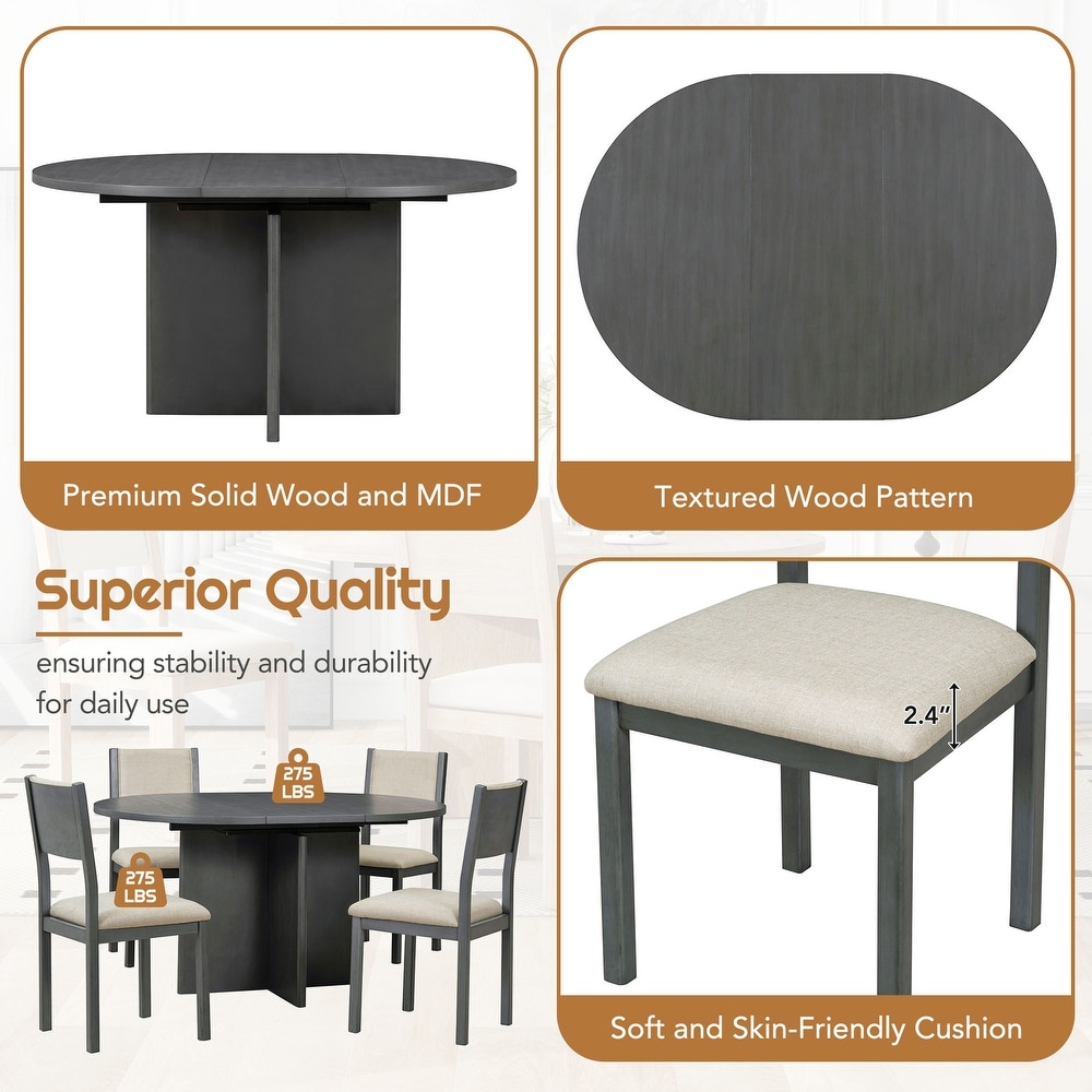 Retro 5 Piece Functional Dining Set with Oval Extendable Dining Table and Upholstered Dining Chairs for Dining Room  Gray