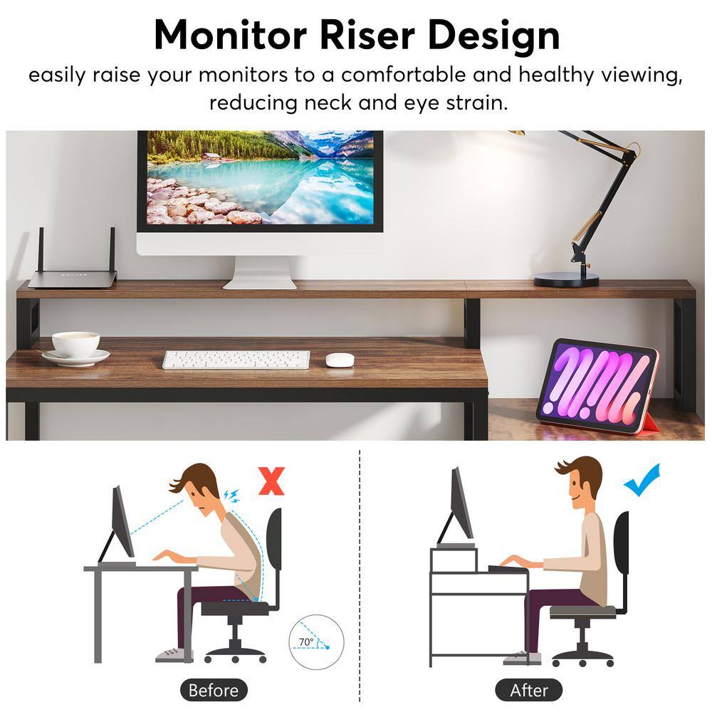 TRIBESIGNS WAY TO ORIGIN Halseey 59 in. Rectangular Brown Particle Board One Drawer Reversible Computer Desk with Monitor Stand and Storage Shelf TH-AL1573