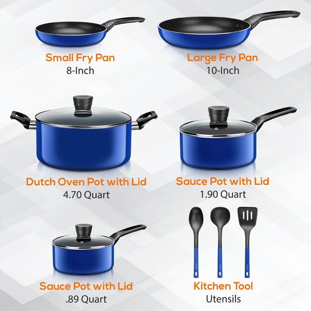 Serenelife 11 Piece Essential Home Heat Resistant Non Stick Kitchenware Cookware Set W Fry Pans Sauce Pots Dutch Oven Pot And Kitchen Tools Blue