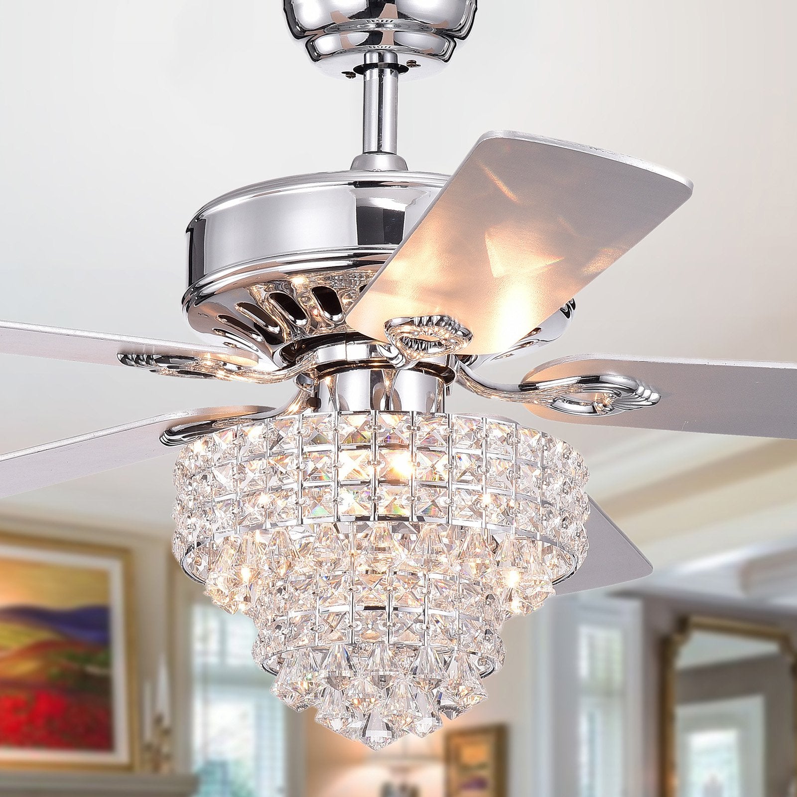 Bryanya 5-Blade 52-Inch Chrome Lighted Ceiling Fans with Crystal Shade (Remote Controlled)