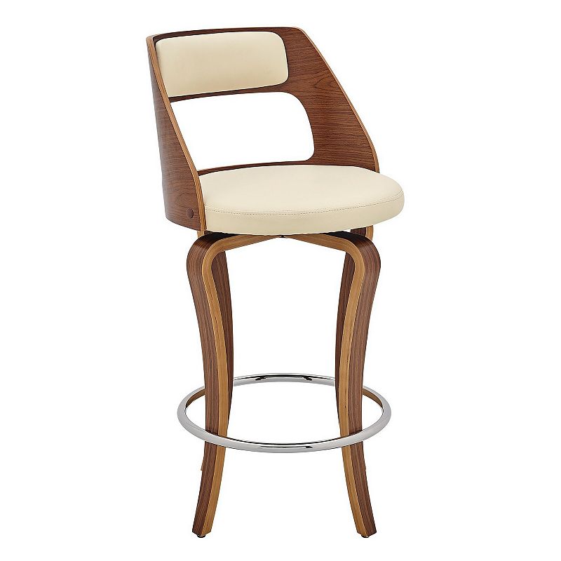 25 Inch Swivel Counter Stool Vegan Faux Leather， Walnut Wood Legs， Cream