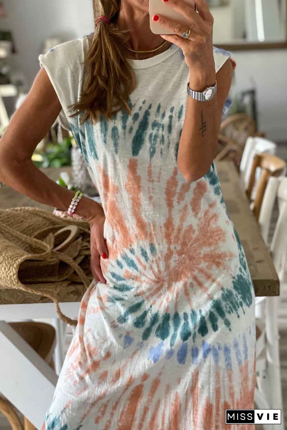 White Cap Sleeve Tie Dye Long Slit Dress