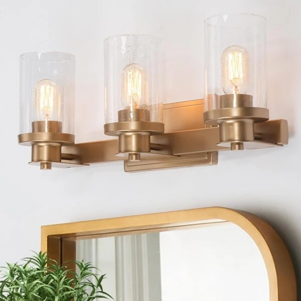 Mid-Century Modern Gold 3-Light Linear Seeded Glass Bathroom Vanity Lights