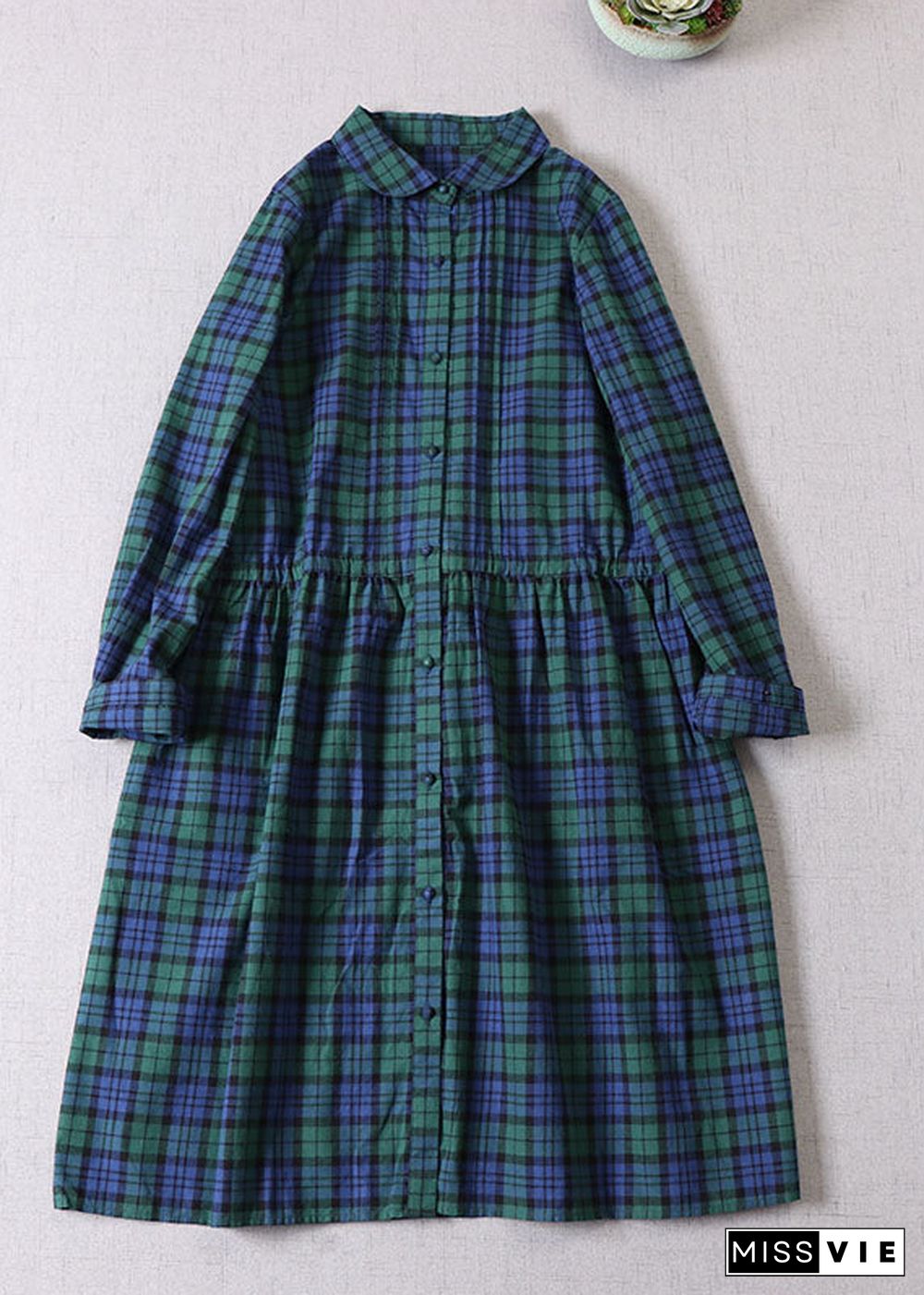 French Green Cinched Plaid Cotton Maxi Dresses Spring