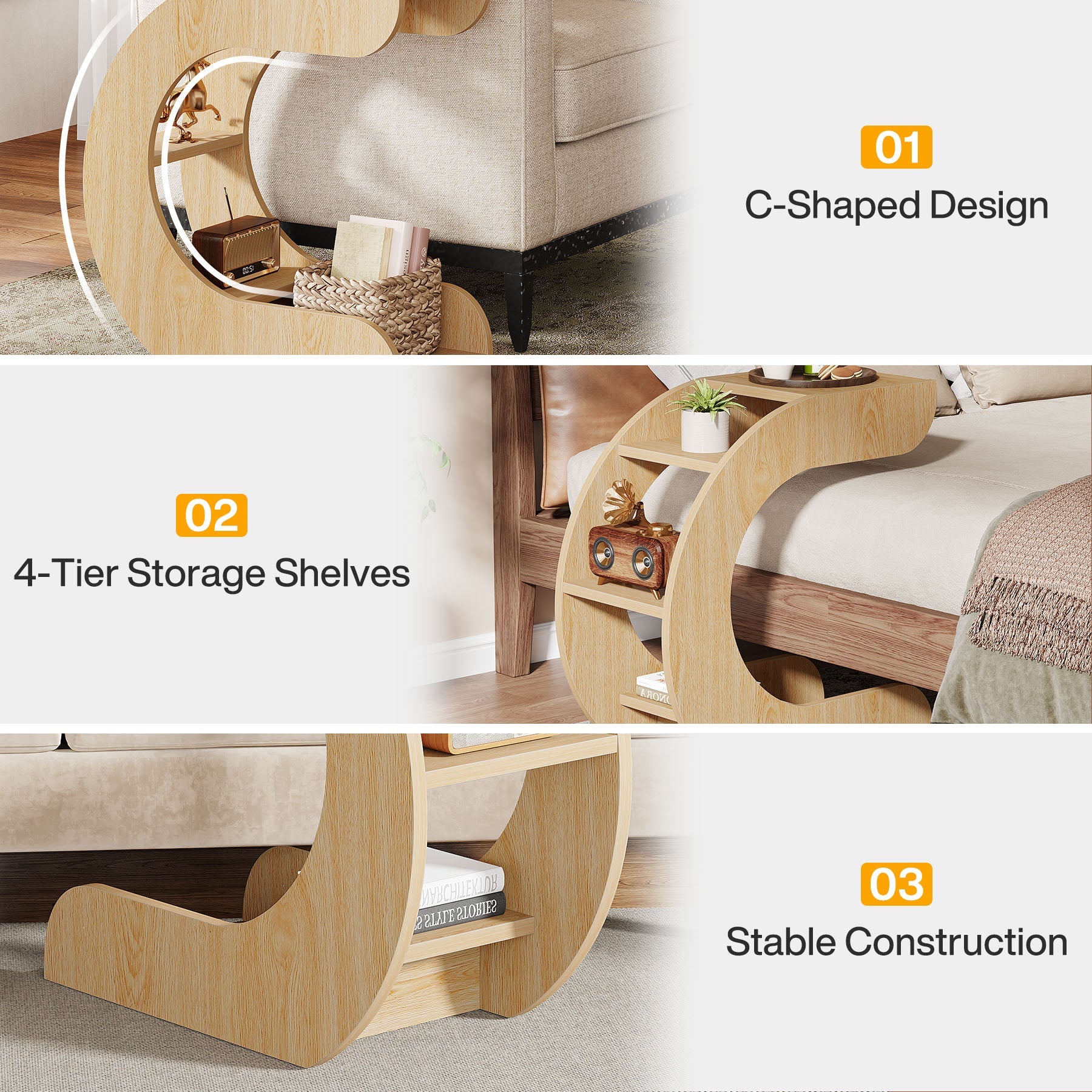 C-Shaped End Table, 4-Tier Side Tables with Storage Shelves