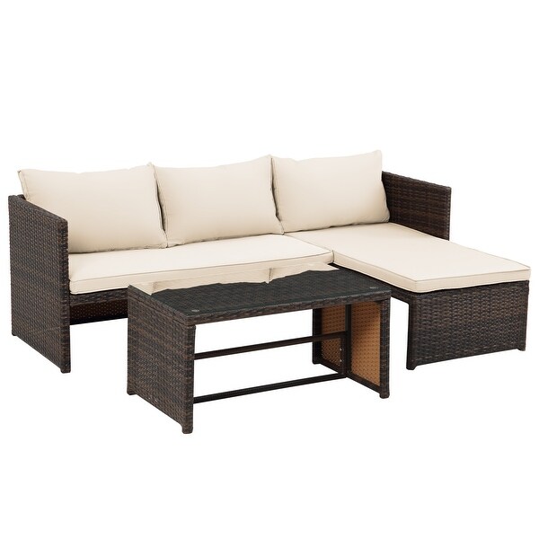 3 Pieces Patio Conversation Set，All Weather Outdoor PE Rattan Wicker Furniture Set with Cushions，Tempered Glass Coffee Table