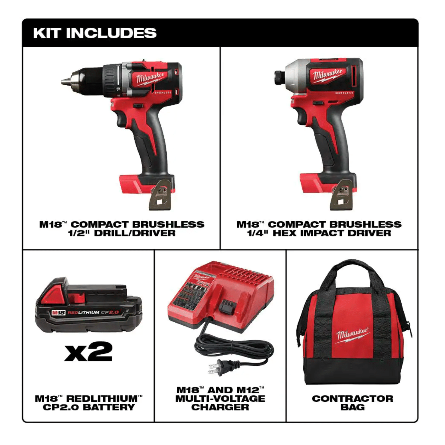 Milwaukee M18 18V Lithium-Ion Brushless Cordless Compact Drill/Impact Combo Kit (2-Tool) W/ (2) 2.0Ah Batteries， Charger and Bag (2892-22CT)