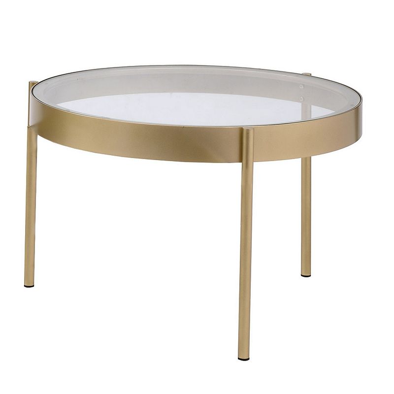 Contemporary Metal and Glass Round Nesting Table， Set of 2， Gold and Clear