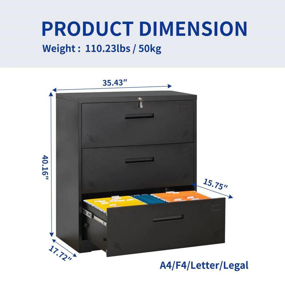 Modern Black 3-Drawer Lateral Filing Cabinet for LegalLetter A4 Size HI25262864