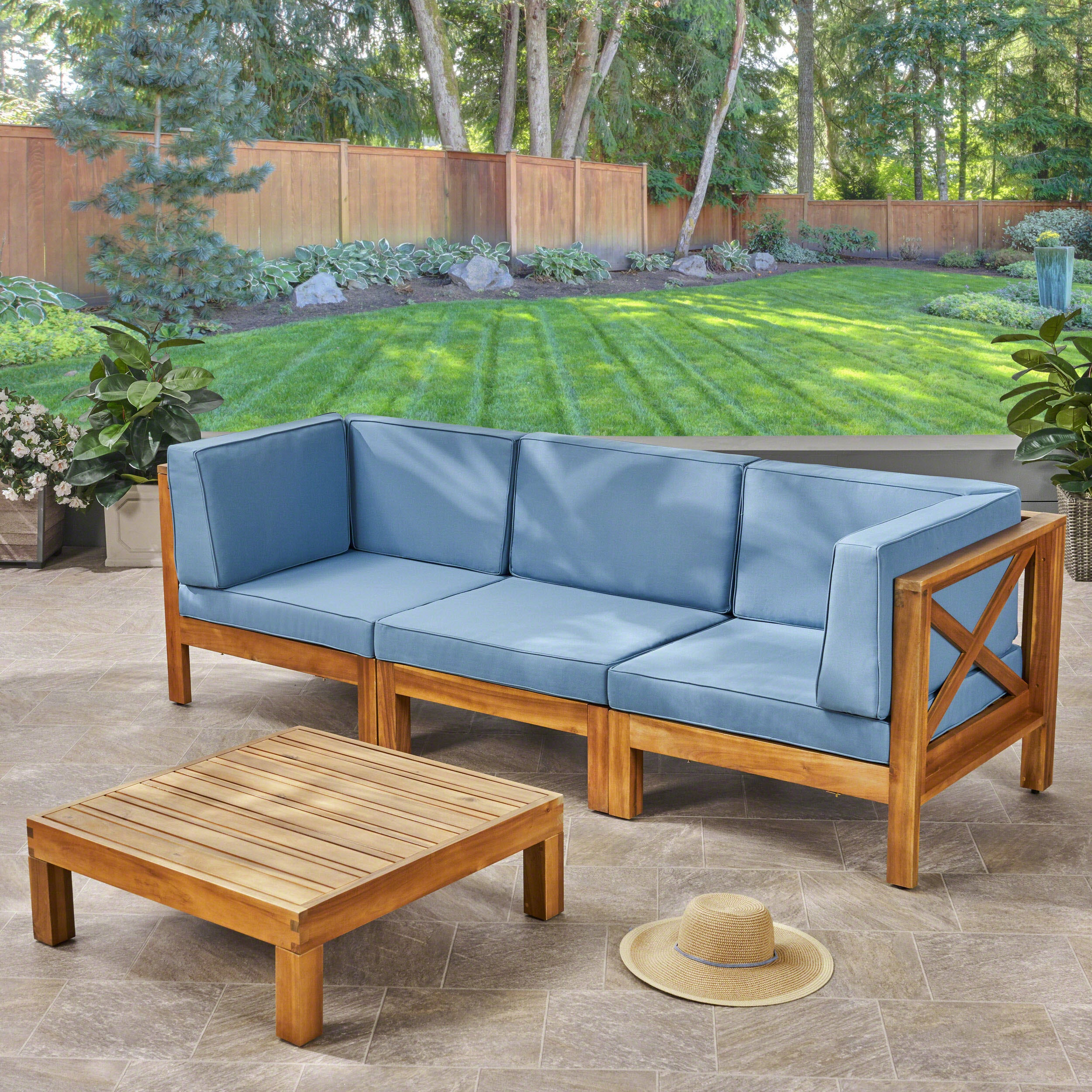 Brava Outdoor Modular Acacia Wood Sofa and Coffee Table Set with Cushions