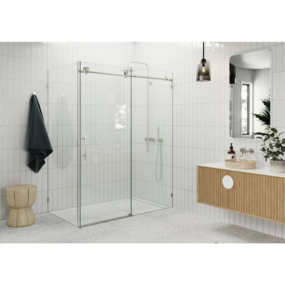 Glass Warehouse 56 in. W x 78 in. H Rectangular Sliding Frameless Corner Shower Enclosure in Nickel with Clear Glass 90SL-56-36-BN