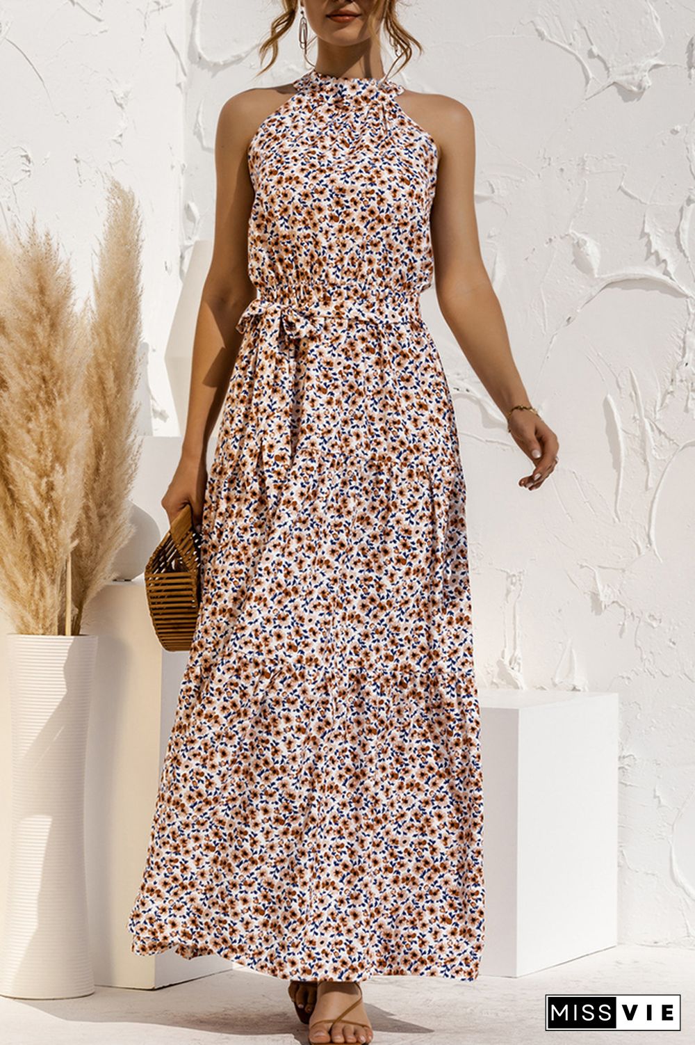 Halter Polka Dot Print Tie Waist Maxi Dress Wholesale