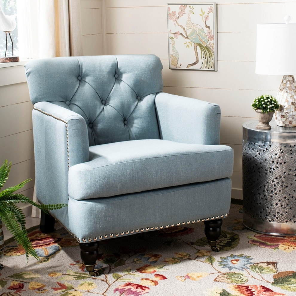 Leonard Tufted Club Chair With Brass Nail Heads Sky Blue/Dark Brown   Traditional   Armchairs And Accent Chairs   by Rustic Home Furniture Deco  Houzz