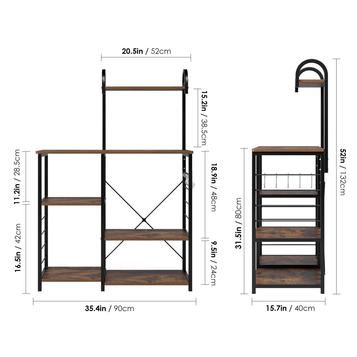 Homfa Bakers Rack， 5 Tier Wood Kitchen Stand with Storage Shelf， Iron Frame Microwave Oven Cart， Rustic Brown Finish