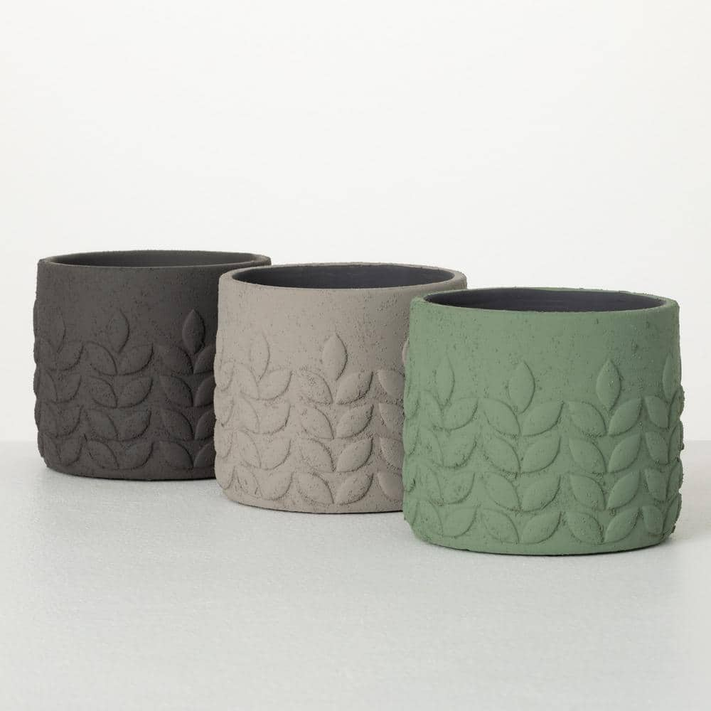 SULLIVANS 5.75 in. Modern Leaf Neutral Toned Concrete Pots - Set of 3， Multicolor CMT1244