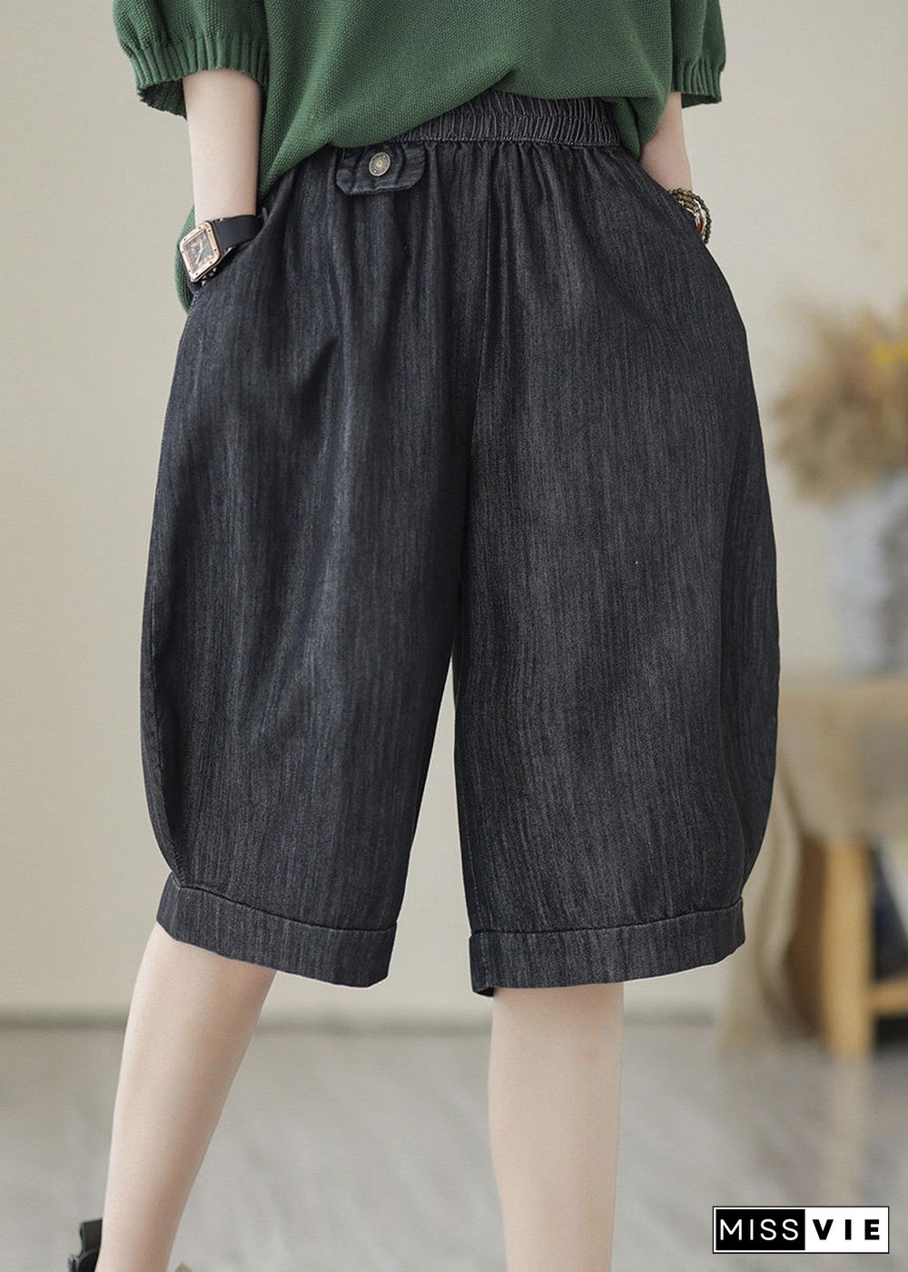 Simple Black Elastic Waist Pockets Solid Cotton Shorts Summer