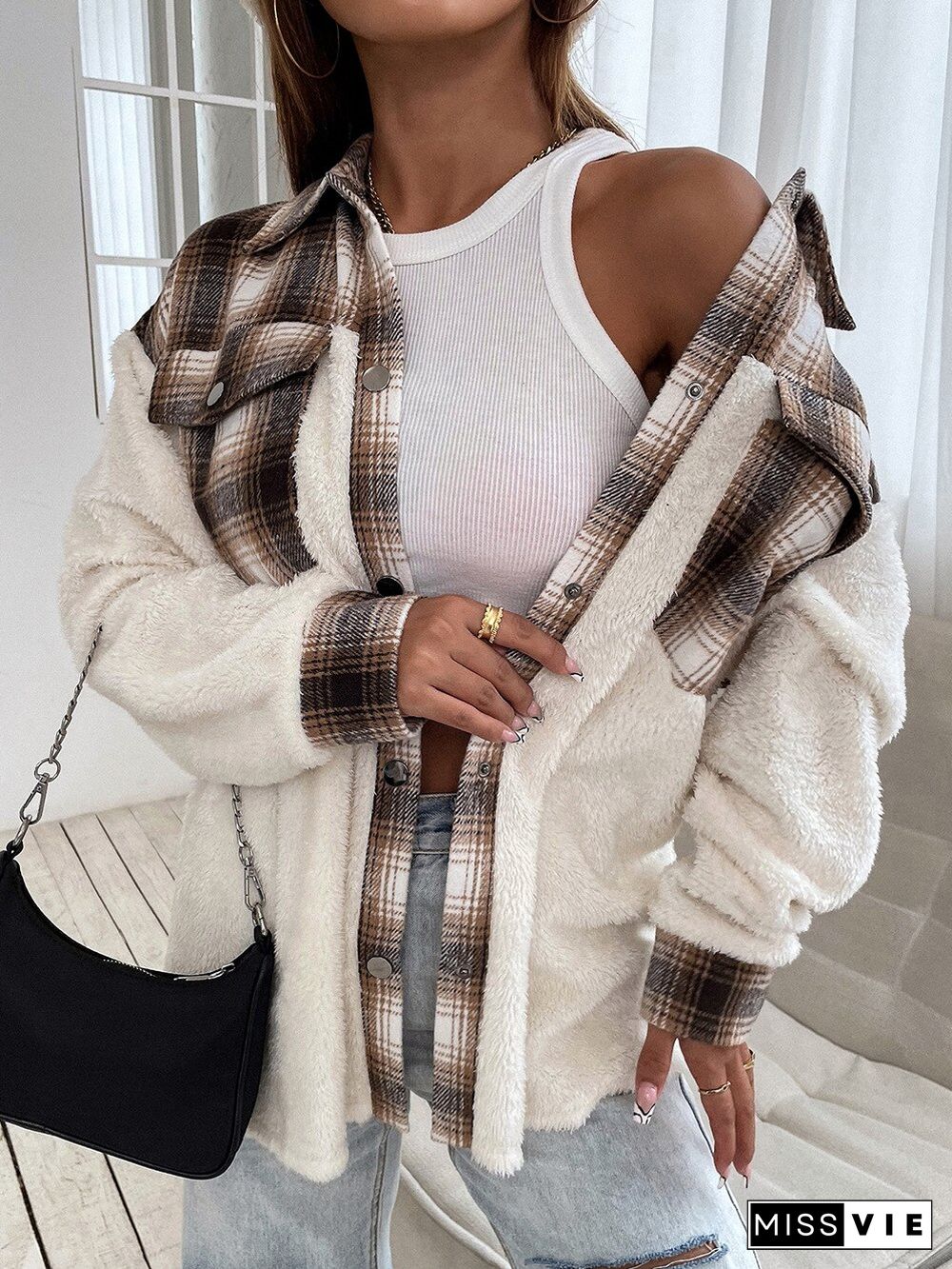 Autumn And Winter New Women's Plaid Coats Lapel Single-breasted Contrast Color Stitching Plaid Plush Jacket Coat Women