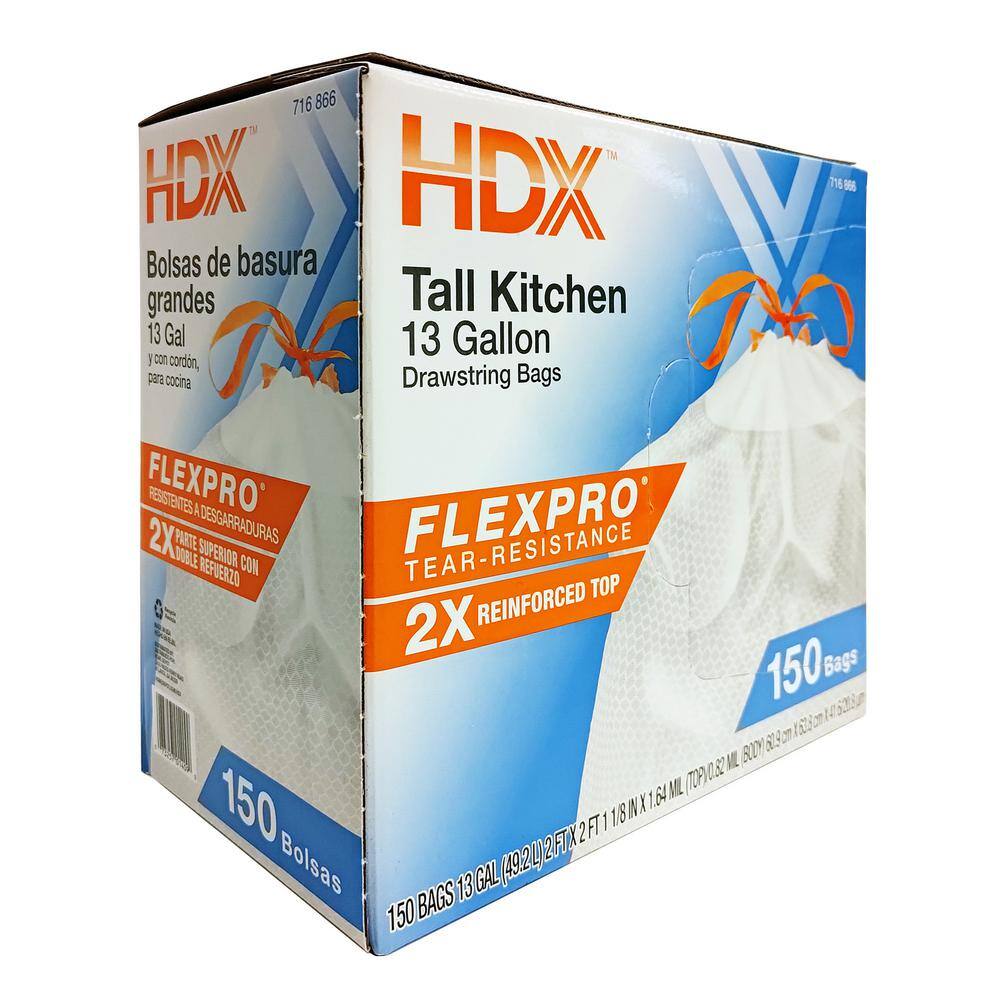 HDX FlexPro 13 Gallon Reinforced Top Drawstring Kitchen Trash Bags (150-Count) HD13XHF150W