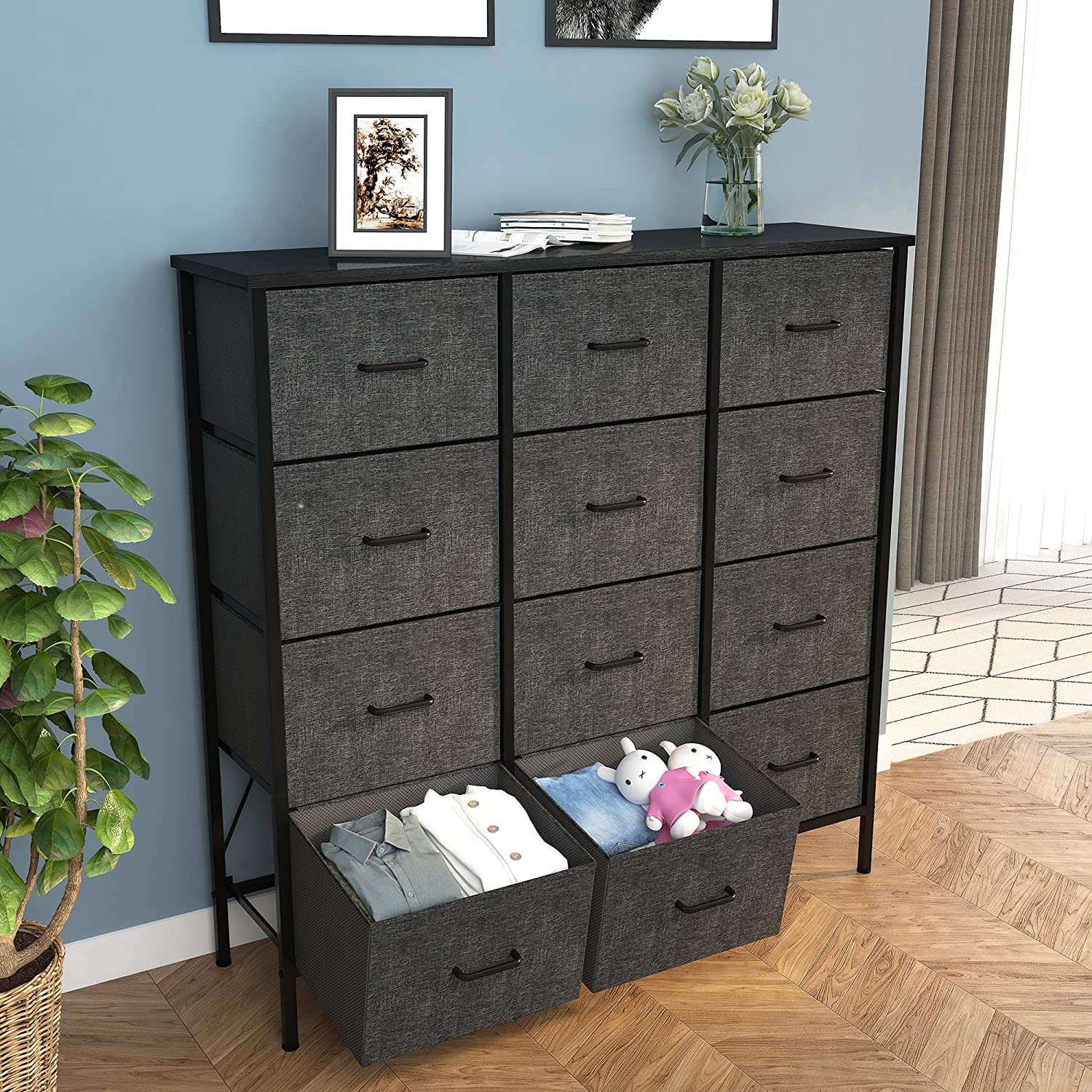 DWVO Fabric Dresser with 12 Drawers - Furniture Storage Tower Unit for Bedroom, Hallway, Closet, Office Organization, End Table Dresser - Steel Frame，Black Grey