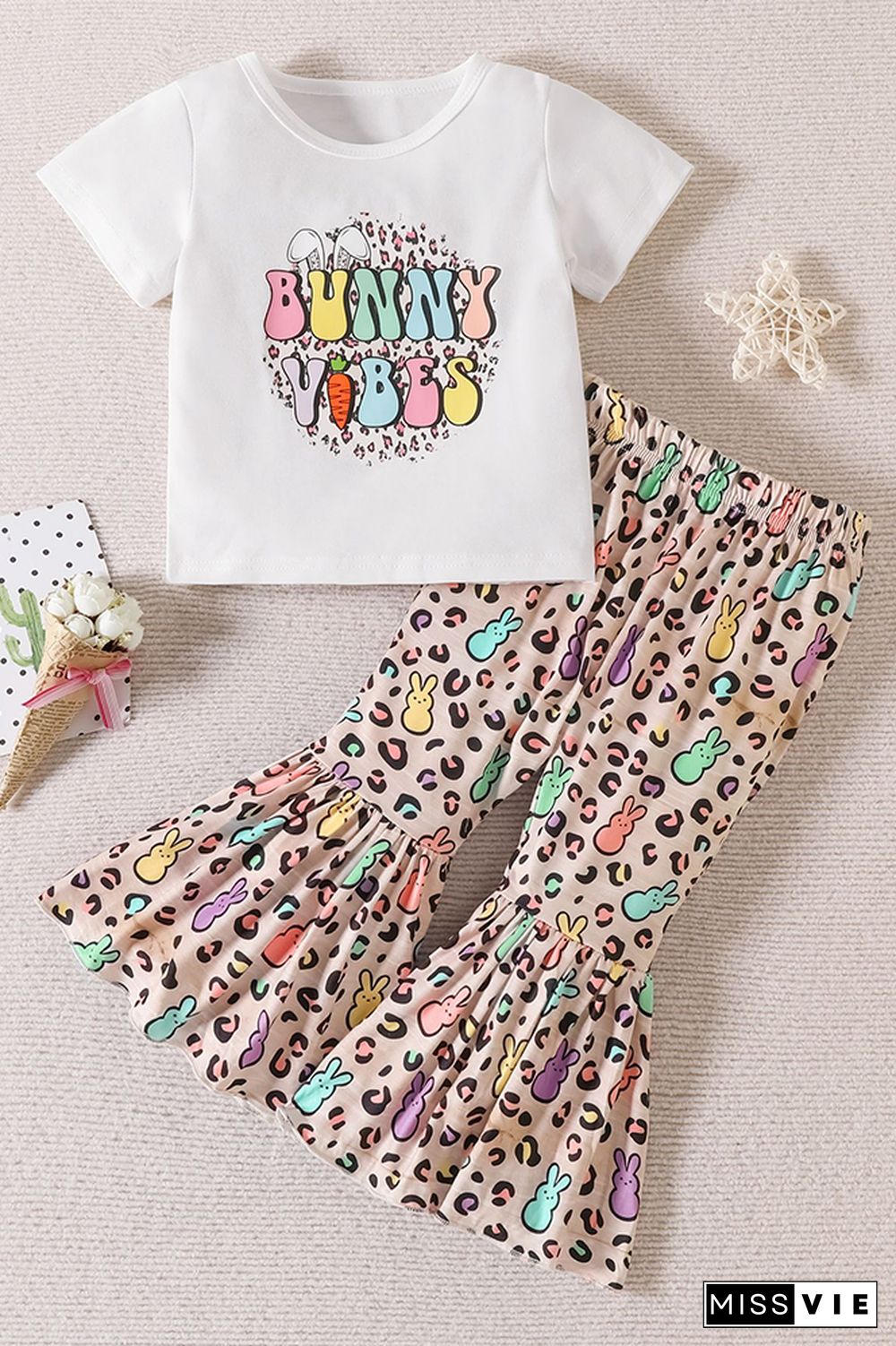 Letter Print Top and Cartoon Flare Pants 2PCS Set