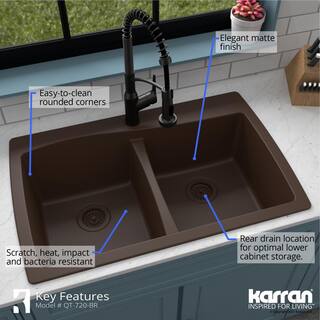 Karran QT-720 QuartzGranite 34 in. Double Bowl 5050 Top Mount Drop-In Kitchen Sink in Brown with Bottom Grid and Strainer QT-720-BR-PK1