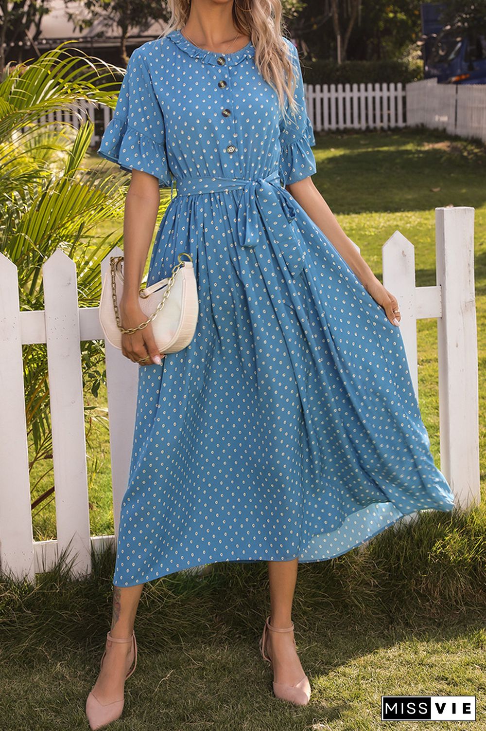 Ruffle Sleeves Polka Dot Buttoned Long Dress