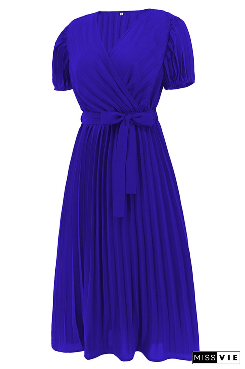 Plain Wrap V Neck Pleated Midi Dress With Sash