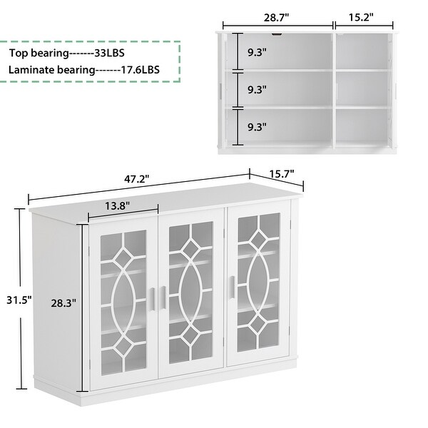 3 Tempered Glass Door Sideboard Buffet Storage Cabinet - 47.2