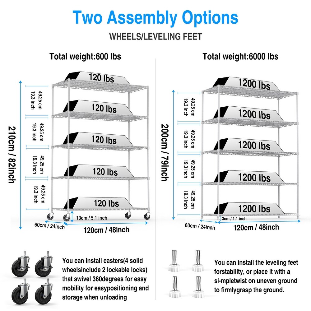 5 Tier 6000lbs Heavy Duty Adjustable Storage Rack Metal Shelf Wire Shelving Unit with Wheels   82\