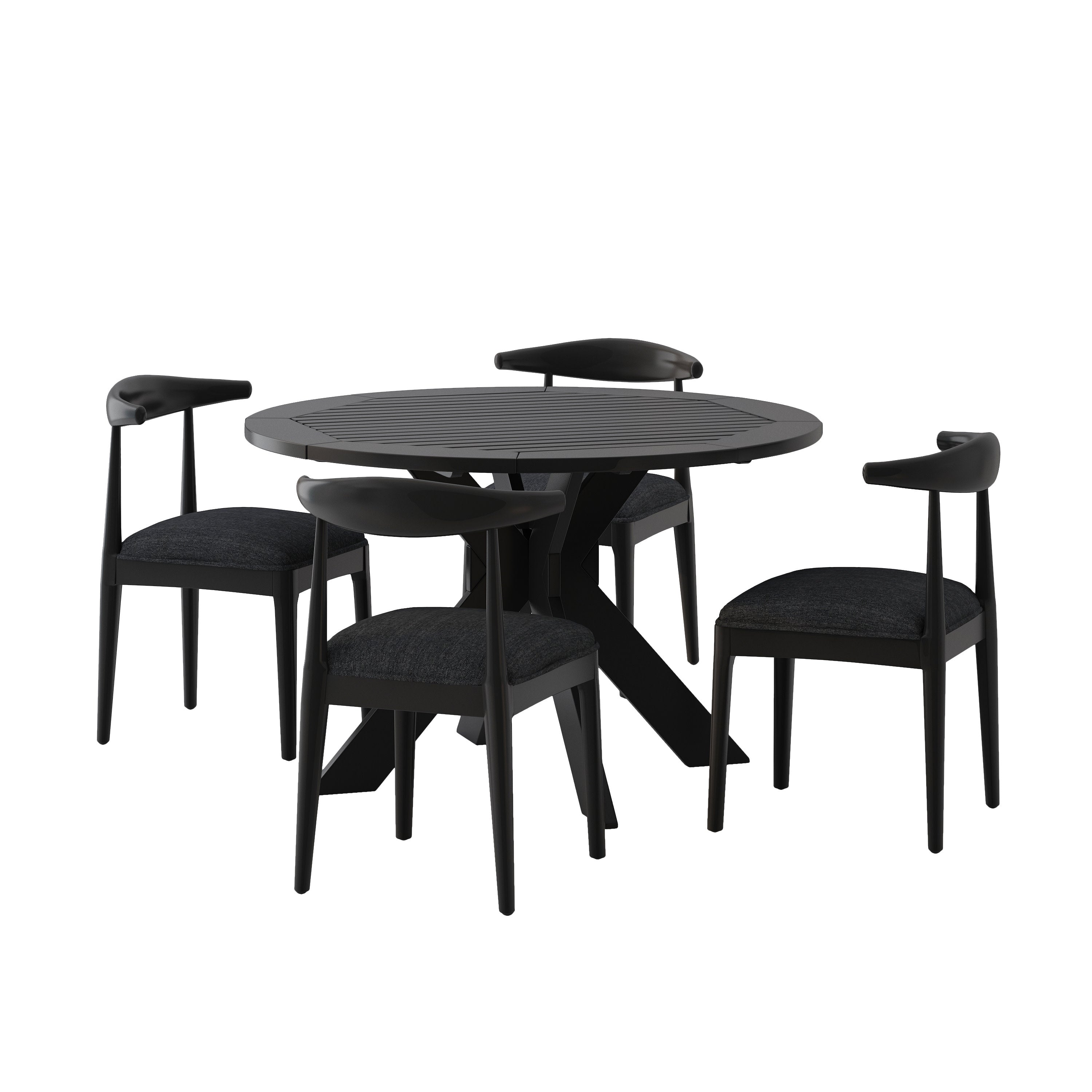 Shelton Mid Century Modern Fabric Upholstered Wood 5 Piece Dining Set, Black Textured Tweed and Black