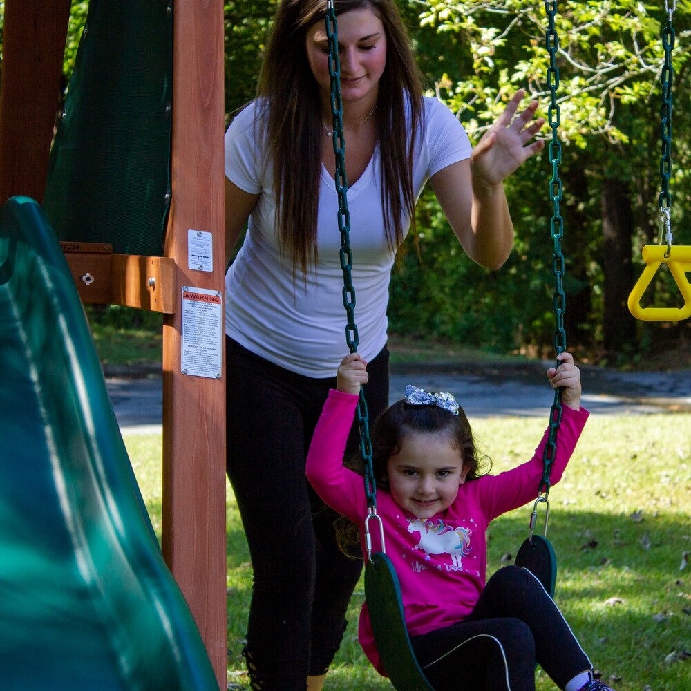 Swing N Slide Ranger Plus Wood Swing Set with Wave Slide and Rock Climbing Wall   Cedar   11' W x 12' D x 7.67' H