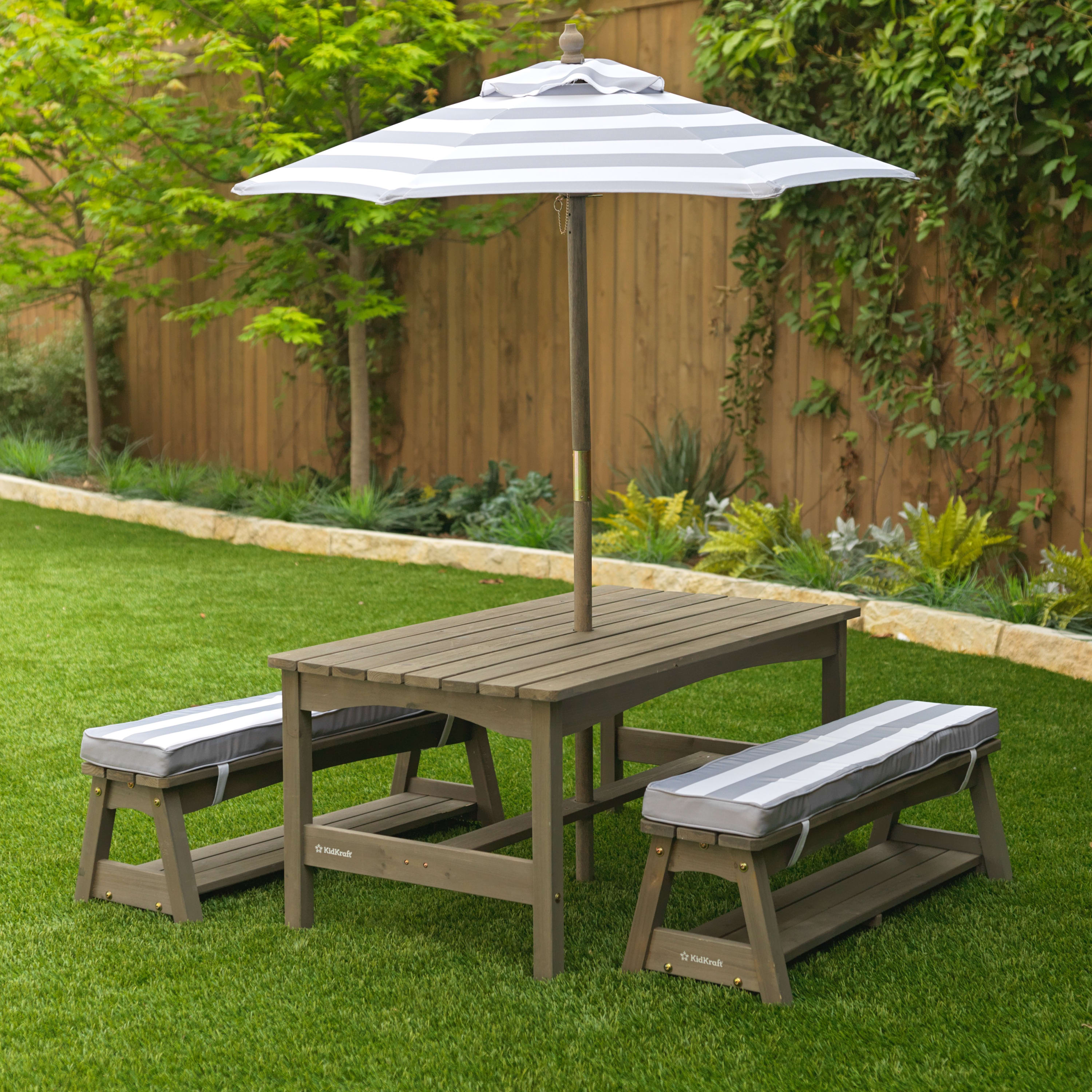 KidKraft Outdoor Table & Bench Set with Cushions and Umbrella, Gray and White Stripes