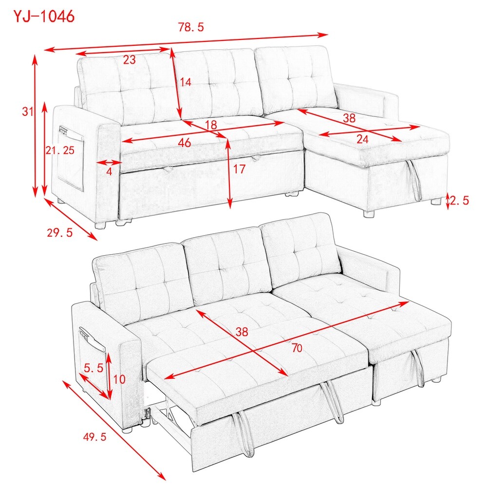 Sectional with Pull Out Bed and Pocket  Storage Recliner Couch