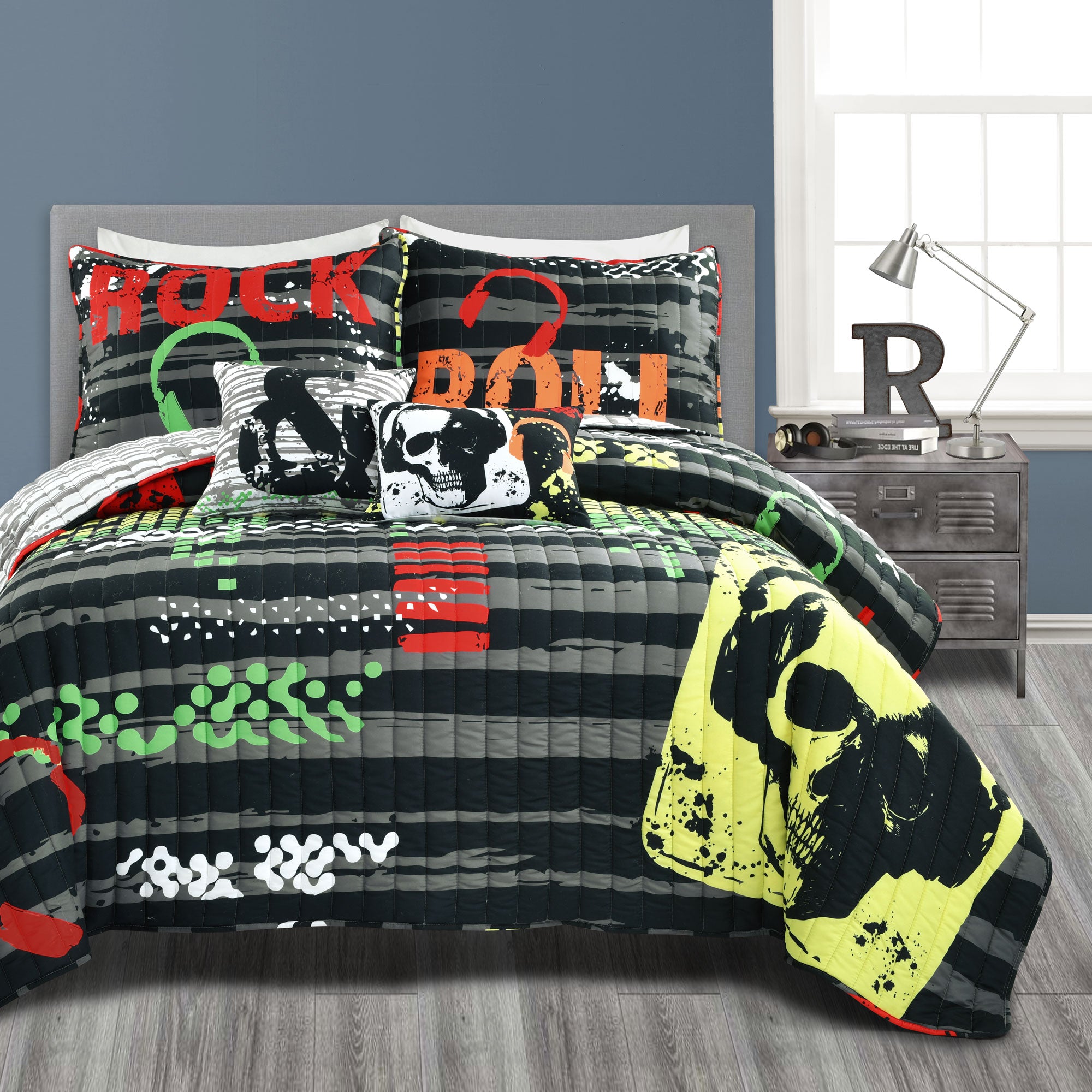 Bedding Bundle: Rock N Roll Quilt Set + Soft Stripe Coverlet Set