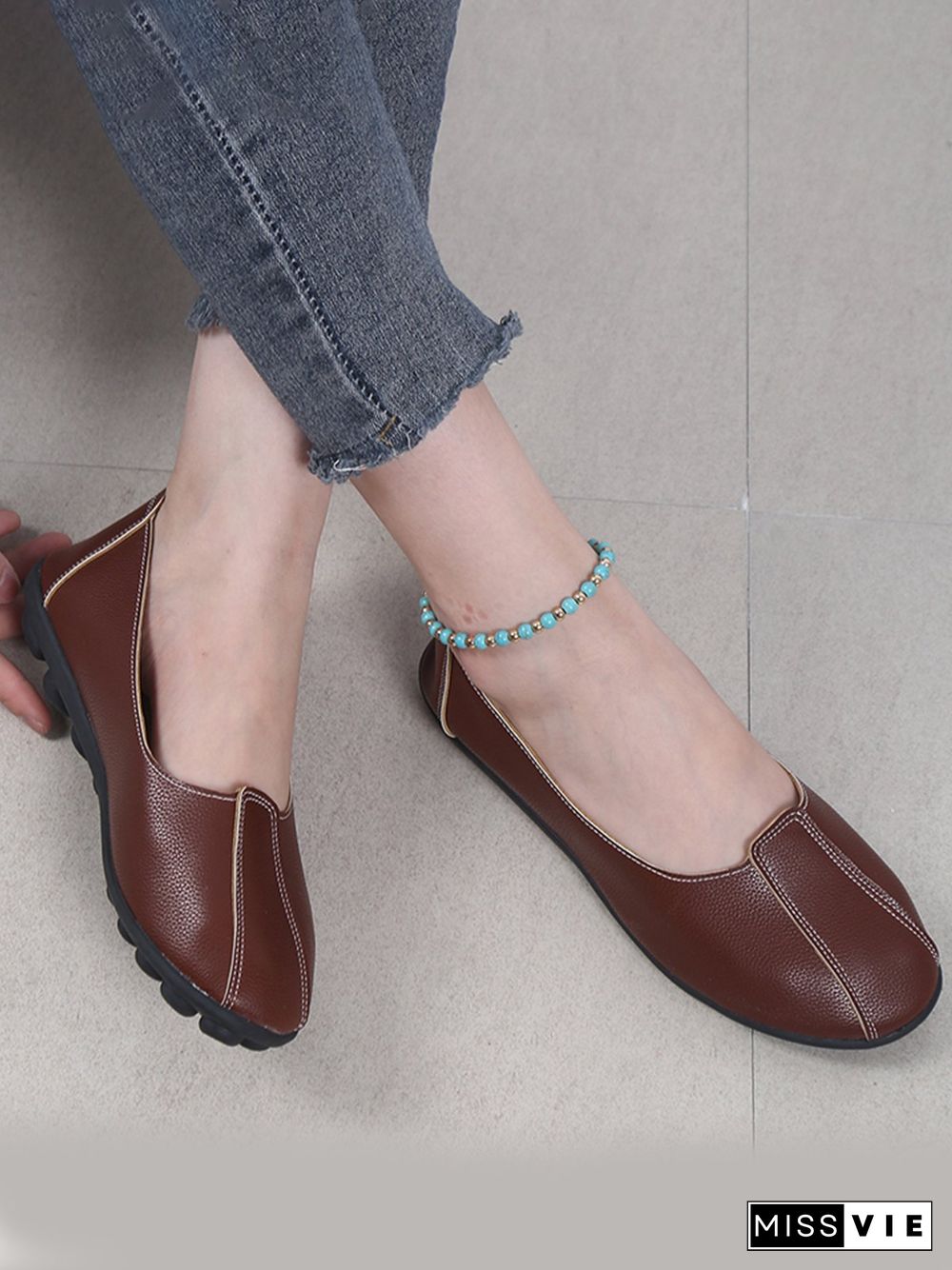 Women Casual Plain All Season Wearable Daily Flat Heel Pu Rubber Slip On Flats