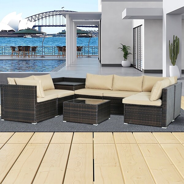 8Piece Brown Outdoor Rattan Furniture Sets with 6 Sofas，1 Coffee Table，Storage Box and Cushions