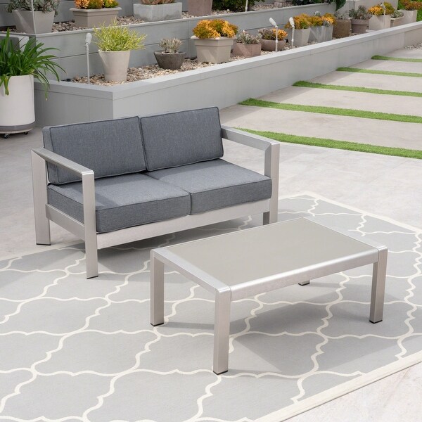 2-Piece Silver Aluminum Outdoor Furniture Patio Chat Set Gray Cushions