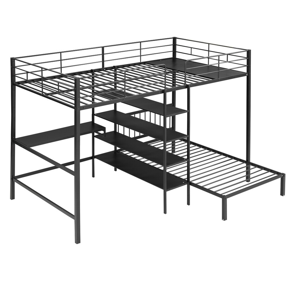 Full Over Twin Metal Bunk Bed  L Shaped Loft Bed Frame with Built in Desk  Shelves  Ladder  Storage Shelves  Black